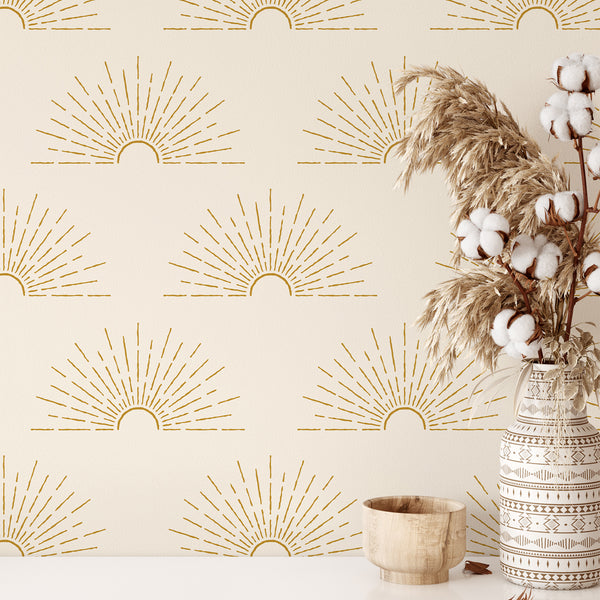 Golden Boho Sun Wallpaper CC272 - CostaCover - Peel and stick Removable Wallpaper - Abstract Beige Gold Stripes Waves Removable Wallpaper near me - Abstract Beige Gold Stripes Waves Removable Wallpaper price - abstract wallpaper