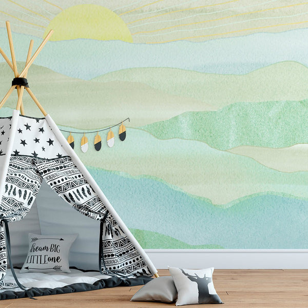 Green Blue Mountains & Sunset Wall Mural CCM116 - CostaCover - Peel and stick Removable Wallpaper - abstract wallpaper - accent wallpaper - adhesive wallpaper