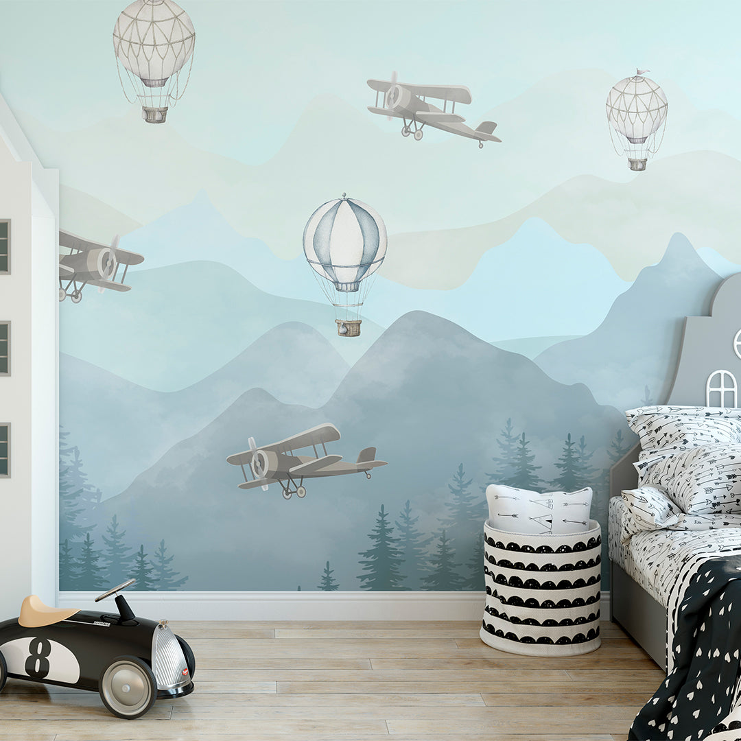Hot Air Balloons Airplanes and Mountains Self Adhesive Wall Mural CCM088