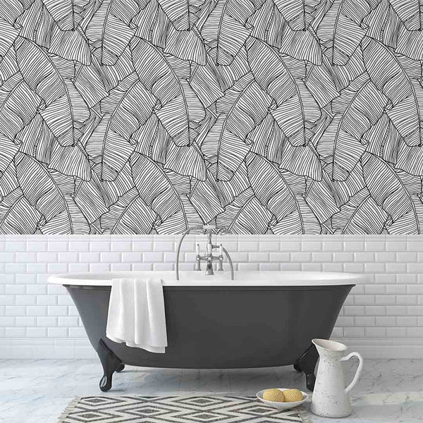 Black & White Banana Leaves Wallpaper CC254 - CostaCover - Peel and stick Removable Wallpaper - accent wallpaper - adhesive wallpaper - banana leaves