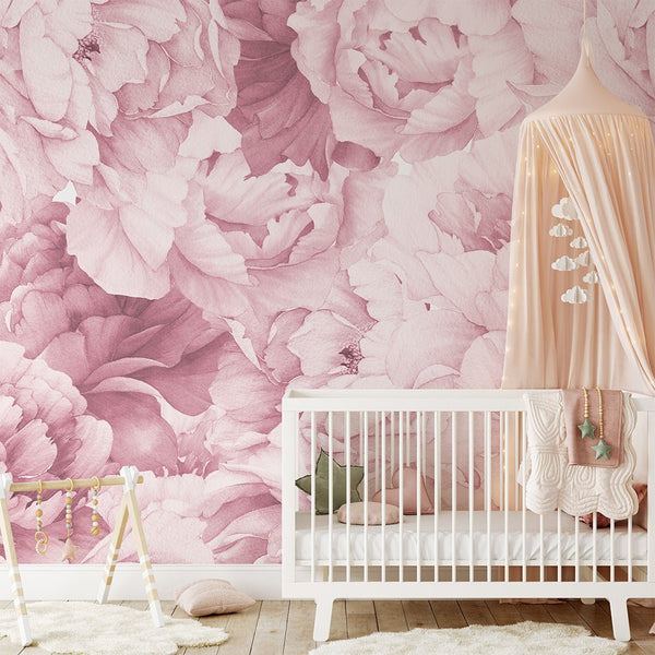 Watercolor Pink Peonies Wall Mural CCM025 - CostaCover - Peel and stick Removable Wallpaper - accent wallpaper - adhesive wallpaper - baby bedroom