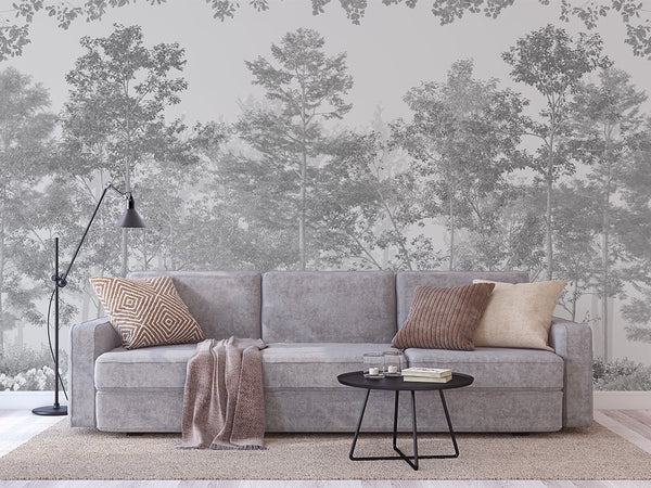 Misty woodland mural with overlapping grayscale tones, ideal for creating a minimalist nature-inspired accent wall in a peaceful hallway or living room. Temporary, self-adhesive design.