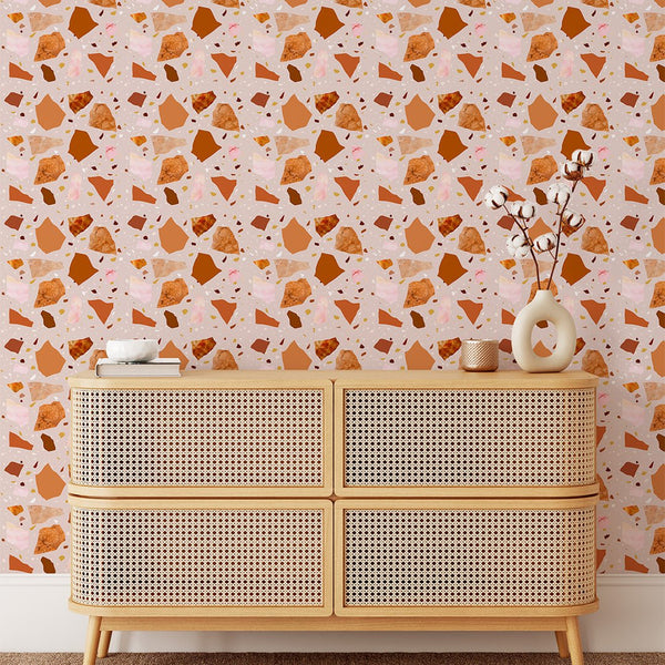 Terracotta & Orange Terrazzo Wallpaper CC267 - CostaCover - Peel and stick Removable Wallpaper - abstract wallpaper - accent wallpaper - adhesive wallpaper