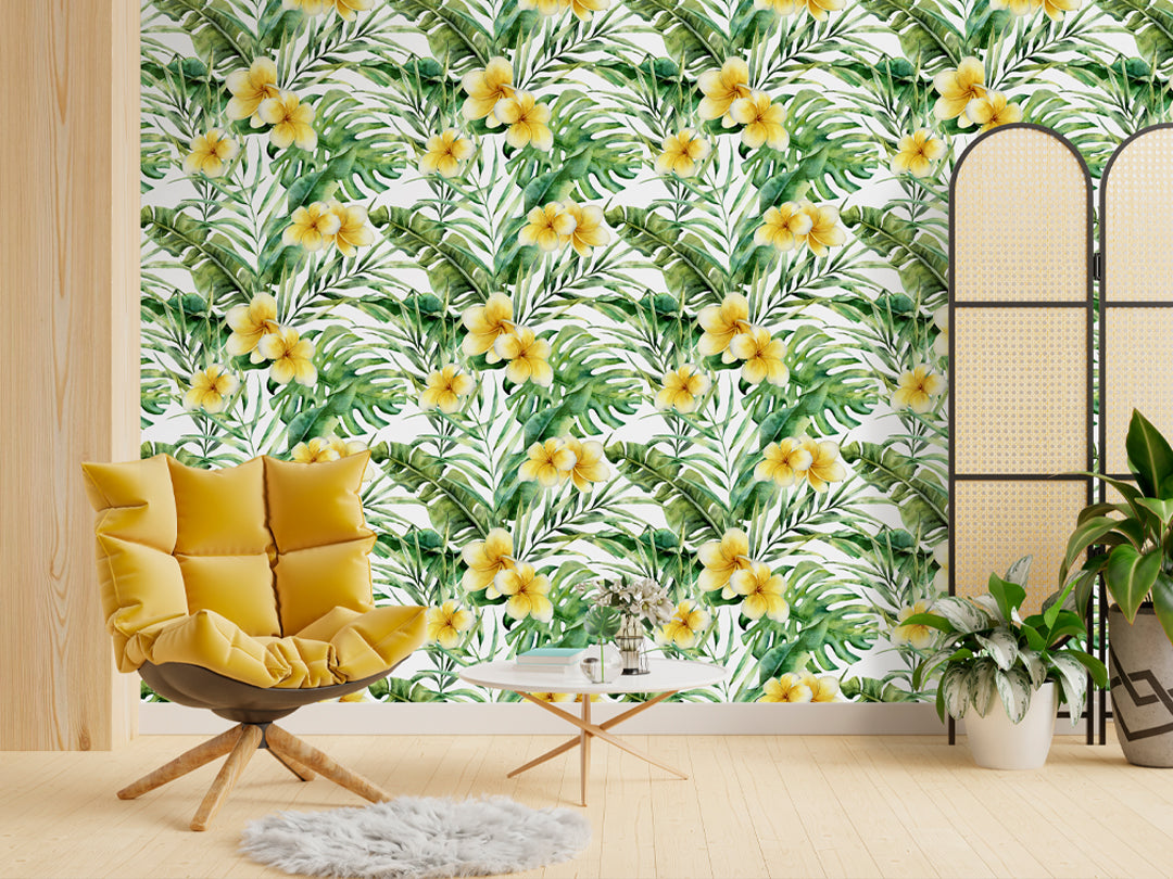Tropical Flowers and Green Palm Leaves Self Adhesive Decal - Jungle Peel and Stick Wallpaper CC037