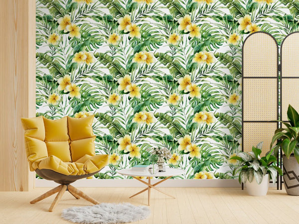 Tropical Yellow Flowers Wallpaper CC037 - CostaCover - Peel and stick Removable Wallpaper - adhesive wallpaper - bathroom wallpaper - colorful wallpaper