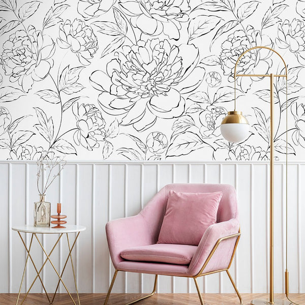 Black & White Line Art Peony Wall Mural CCM077 - CostaCover - Peel and stick Removable Wallpaper - abstract lines - abstract wallpaper - accent wallpaper