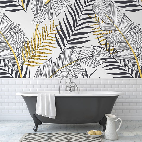 Black & Gold Palm Leaves Wall Mural CCM013 - CostaCover - Peel and stick Removable Wallpaper - abstract wallpaper - accent wallpaper - art deco