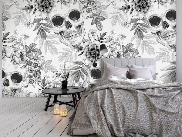 Black & White Skulls Wall Mural CCM065 - CostaCover - Peel and stick Removable Wallpaper - abstract wall art - accent wallpaper - adhesive wallpaper