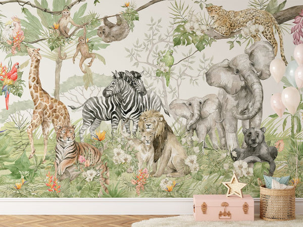 Watercolor Safari Animal Wall Mural CCM069 - CostaCover - Peel and stick Removable Wallpaper - 3d wall murals - adhesive wallpaper - adhesive wallpaper design
