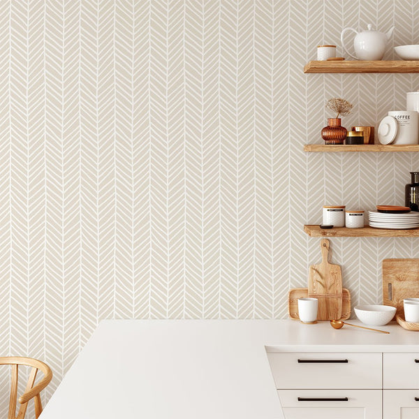 Beige Herringbone Chevron Wallpaper CC031 - CostaCover - Peel and stick Removable Wallpaper - Abstract Beige Gold Stripes Waves Removable Wallpaper near me - accent wallpaper - bedroom interior