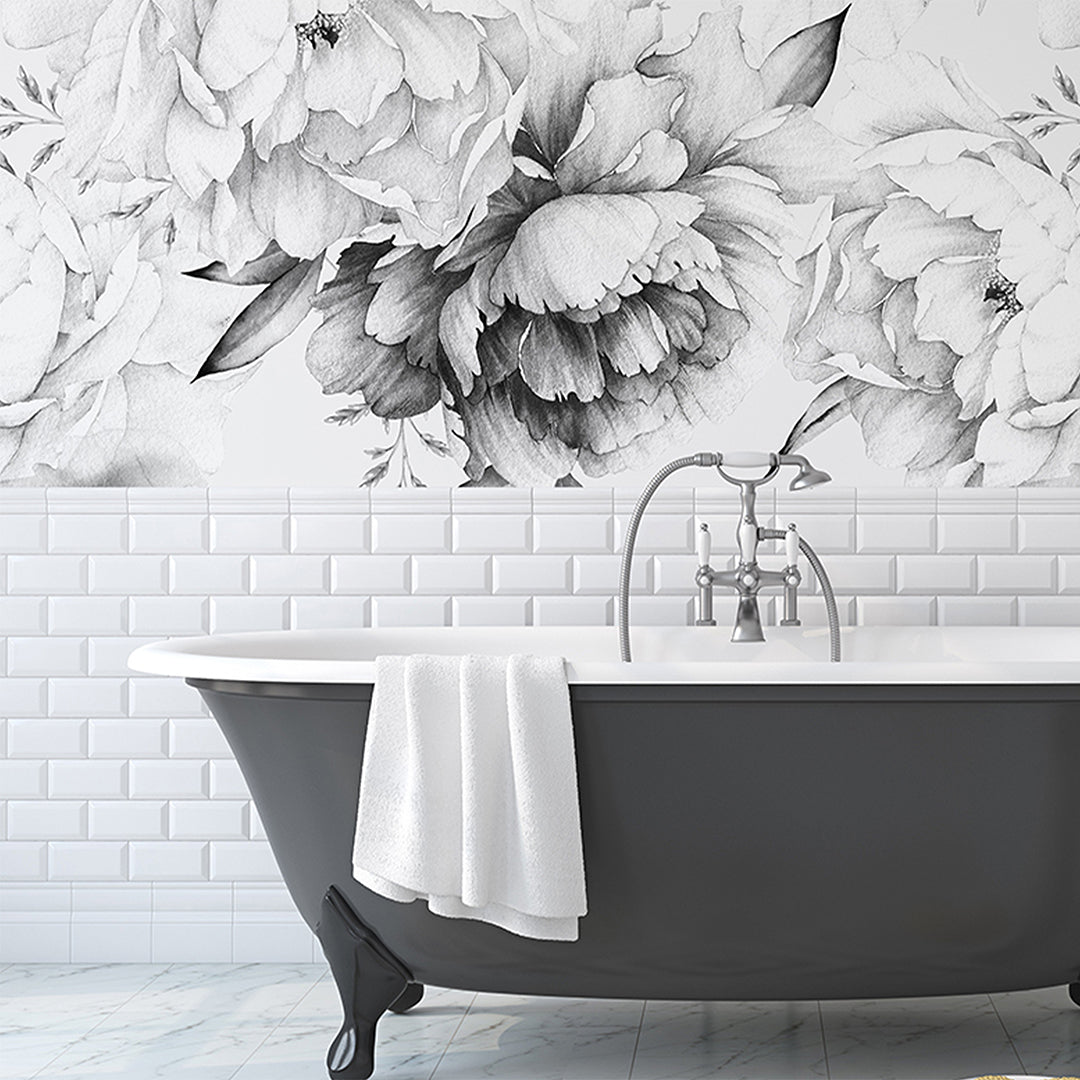 Black and White Watercolor Peonies Wall Mural