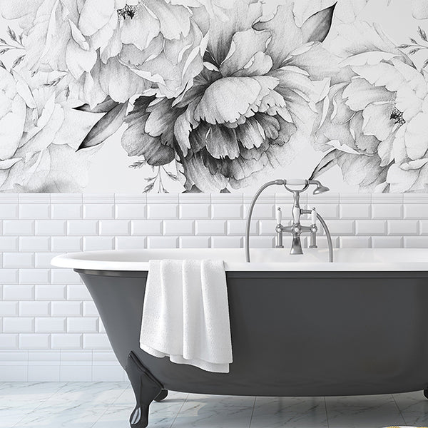 Black & White Watercolor Peonies Wall Mural CCM051