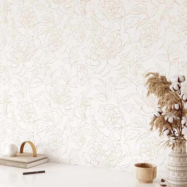 Beige Peony Lines Wallpaper CC275 - CostaCover - Peel and stick Removable Wallpaper - Abstract - abstract wallpaper - accent wallpaper
