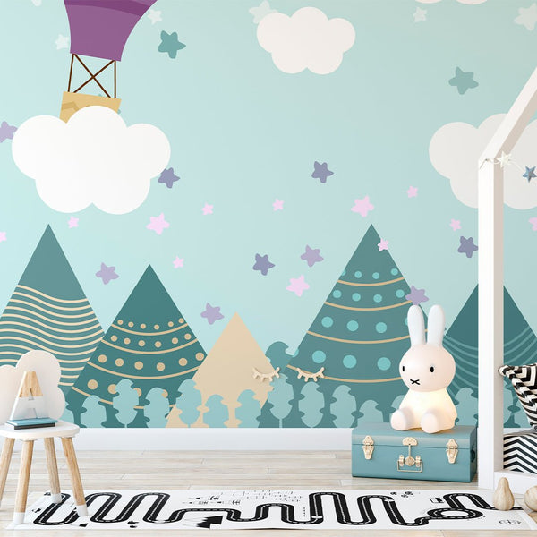 Mountain Peaks & Air Balloon Wall Mural CCM019 - CostaCover - Peel and stick Removable Wallpaper - accent wallpaper - adhesive wallpaper - air balloon