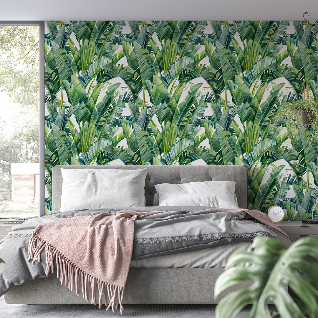 Self Adhesive Watercolor Green Tropical Palm Banana Leaves Wallpaper CC247
