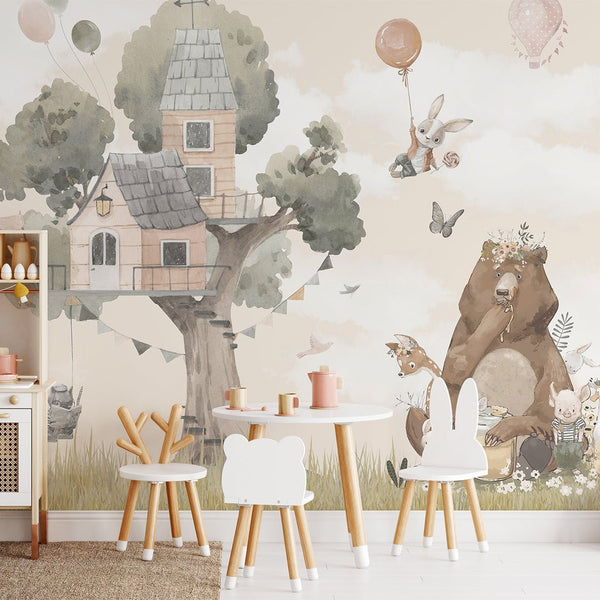 House & Cute Animals Wall Mural CCM090 - CostaCover - Peel and stick Removable Wallpaper - accent wallpaper - adhesive wallpaper - animal print