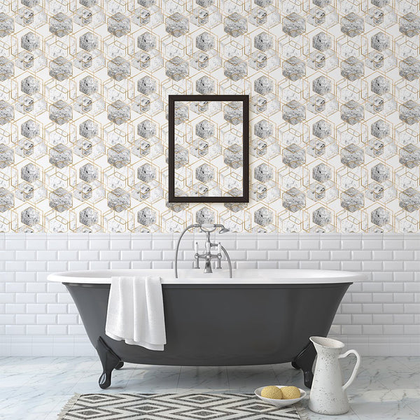 Marble & Gold Honeycomb Wallpaper CC241 - CostaCover - Peel and stick Removable Wallpaper - 