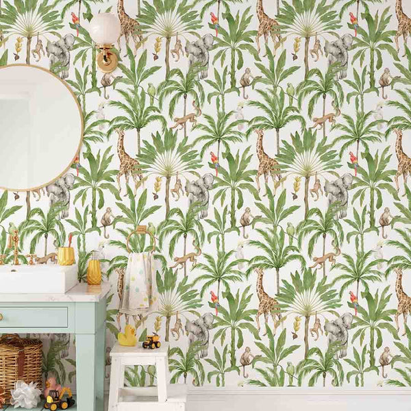 Tropical Animals & Palms Wallpaper CC257 - CostaCover - Peel and stick Removable Wallpaper - accent wallpaper - adhesive wallpaper - animal print