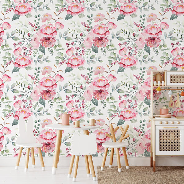 Watercolor Pink Flowers Wallpaper CC239 - CostaCover - Peel and stick Removable Wallpaper - floral - floral wallpaper - Flower decor