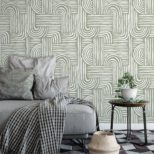 Green Olive Boho Lines Wallpaper CC276 - CostaCover - Peel and stick Removable Wallpaper - Abstract - abstract wallpaper - accent wallpaper