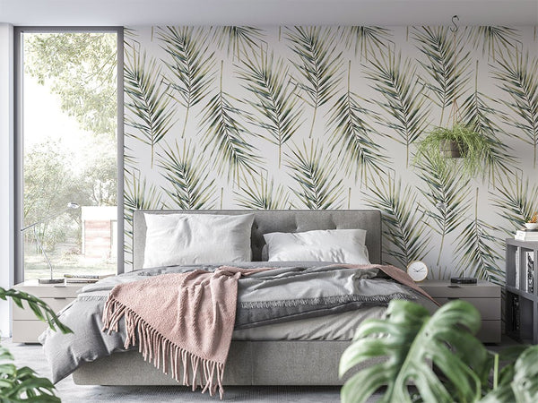 Tropical Palm Leaves Wallpaper CC030 - CostaCover - Peel and stick Removable Wallpaper - bathroom wallpaper - bedroom interior - Exotic palm leaves