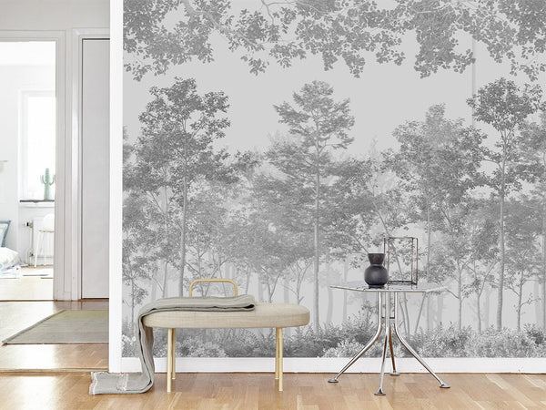 Close-up of matte grain and airy fade in the Vintage Smoky Forest mural, providing depth without heaviness for a calming home office or contemporary bedroom. High-quality removable material.