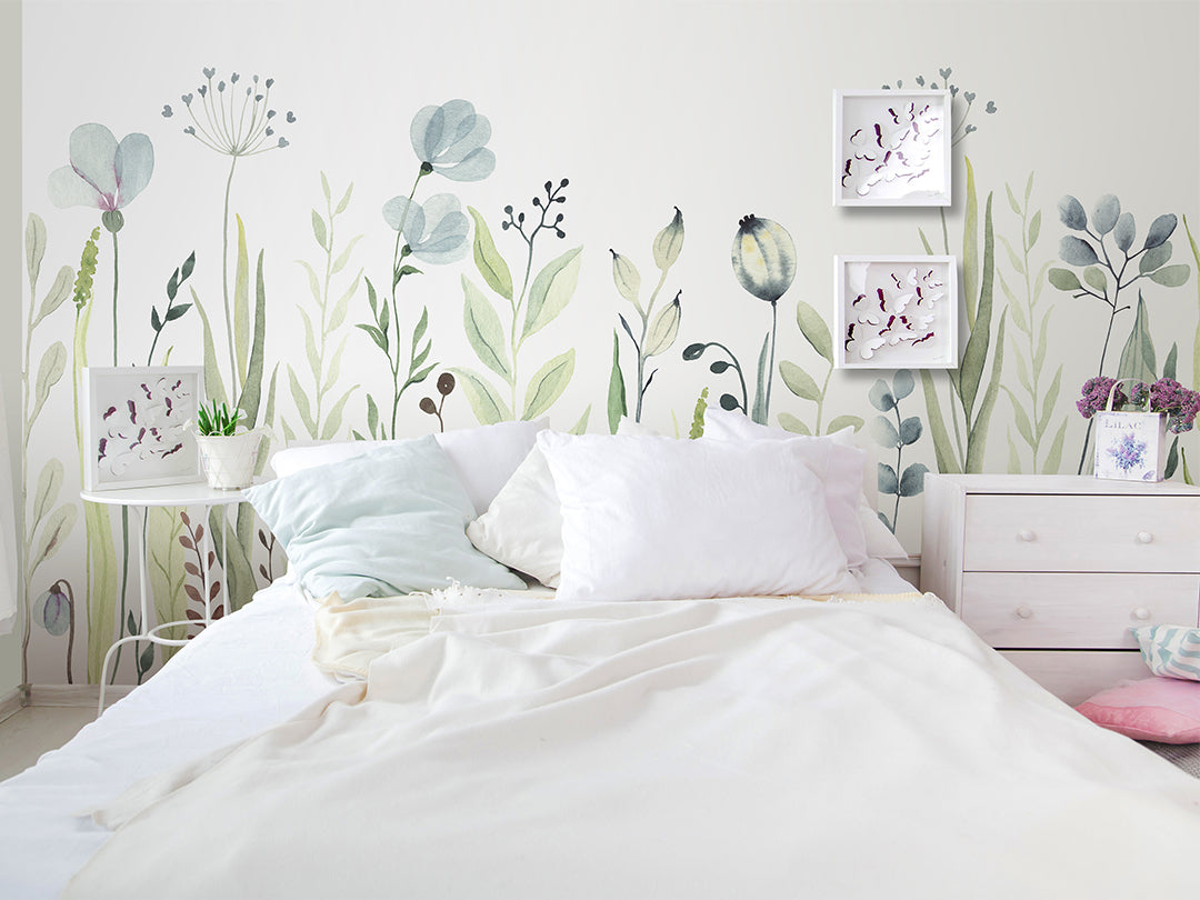 Watercolor Green and Blue Wildflowers Self Adhesive Wall Mural CCM085