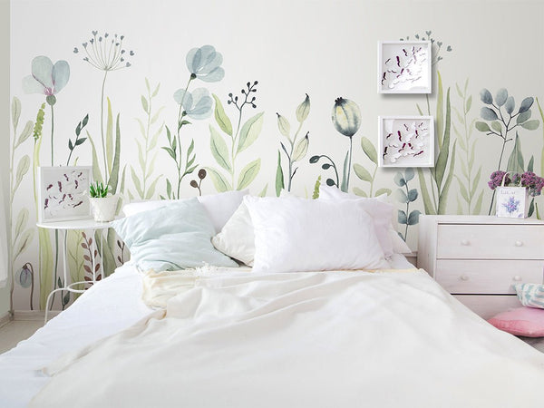 Green & Blue Wildflowers Wall Mural CCM085 - CostaCover - Peel and stick Removable Wallpaper - accent wallpaper - adhesive wallpaper - bedroom wallpaper