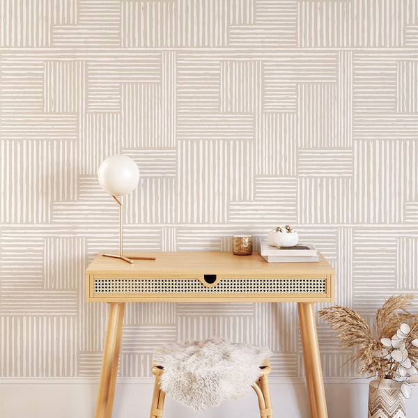 Beige Boho Lines Wallpaper CC188 - CostaCover - Peel and stick Removable Wallpaper - Abstract Beige Gold Stripes Waves Removable Wallpaper near me - accent wallpaper - beige wallpaper
