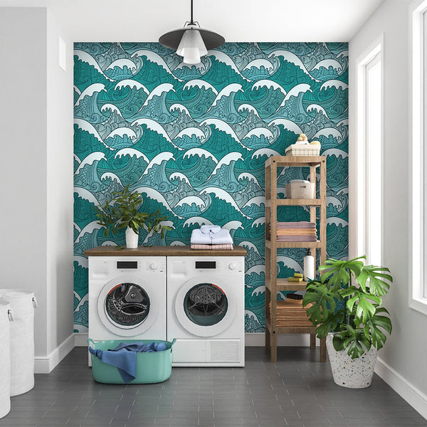 Japanese Green Waves Wallpaper CC096 - CostaCover - Peel and stick Removable Wallpaper - adhesive wallpaper - Backsplash panels - bathroom wallpaper