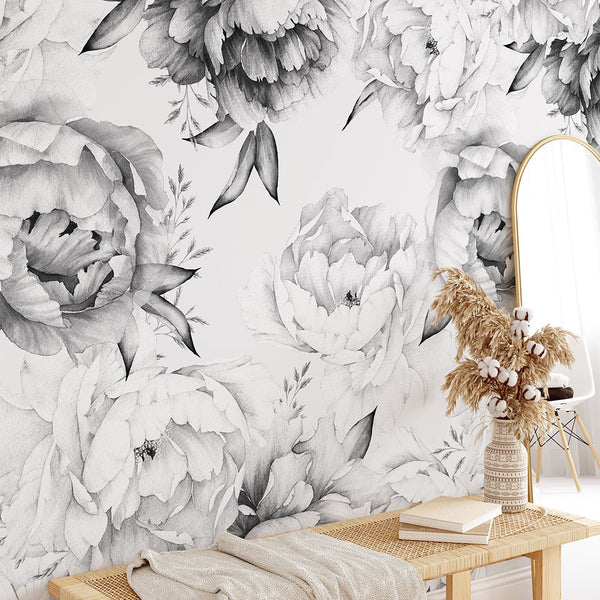 Black & White Watercolor Peonies Wall Mural CCM051 - CostaCover - Peel and stick Removable Wallpaper - 3d wall murals - accent wallpaper - Art Deco Removable Wallpaper near me