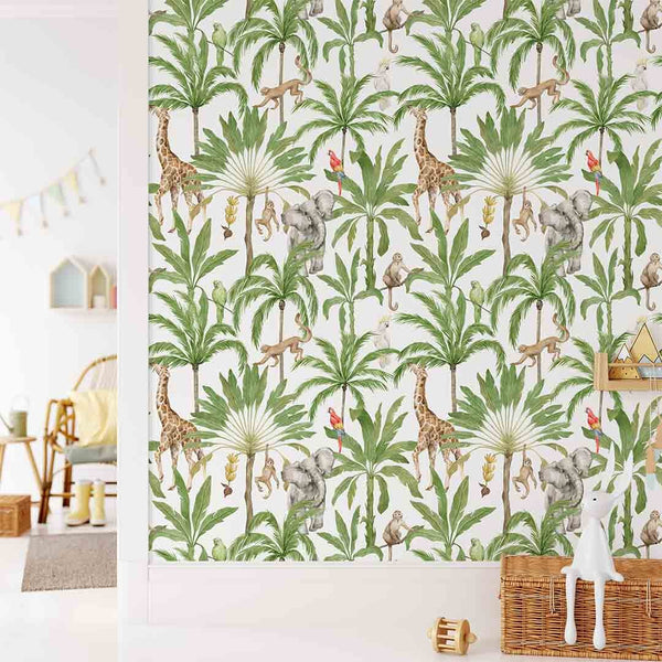 Tropical Animals & Palms Wallpaper CC257 - CostaCover - Peel and stick Removable Wallpaper - accent wallpaper - adhesive wallpaper - animal print