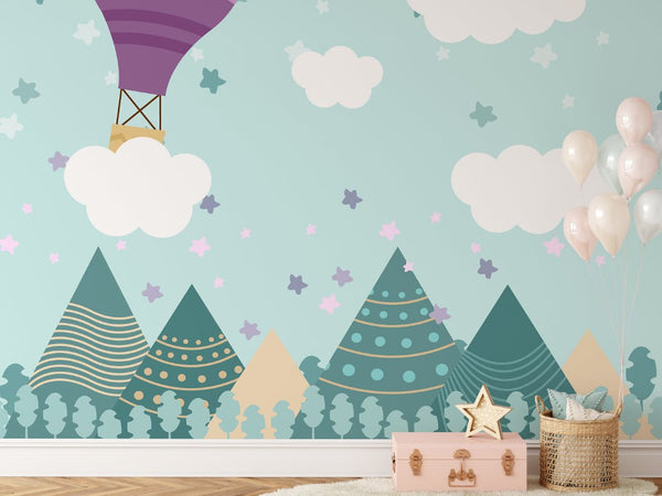 Mountain Peaks & Air Balloon Wall Mural CCM019 - CostaCover - Peel and stick Removable Wallpaper - accent wallpaper - adhesive wallpaper - air balloon
