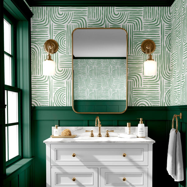 Green Lines Boho Wallpaper CC278 - CostaCover - Peel and stick Removable Wallpaper - abstract lines - accent wallpaper - bathroom wallpaper