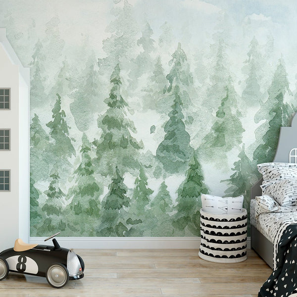 Green Watercolor Forest Wall Mural CCM111 - CostaCover - Peel and stick Removable Wallpaper - accent wallpaper - adhesive wallpaper - bedroom wallpaper