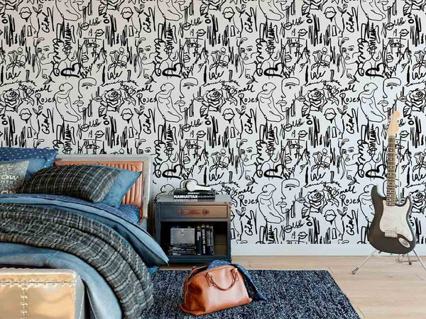 Black & White Female Line Wallpaper CC255 - CostaCover - Peel and stick Removable Wallpaper - Abstract - abstract lines - abstract wall art