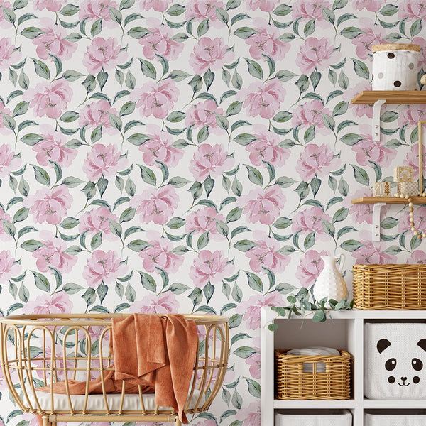 Watercolor Pink Peonies Wallpaper CC236 - CostaCover - Peel and stick Removable Wallpaper - accent wallpaper - adhesive wallpaper - bedroom interior