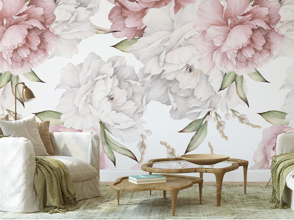 Pastel Pink & White Peony Wall Mural CCM109 - CostaCover - Peel and stick Removable Wallpaper - accent wallpaper - adhesive wallpaper - bathroom wallpaper