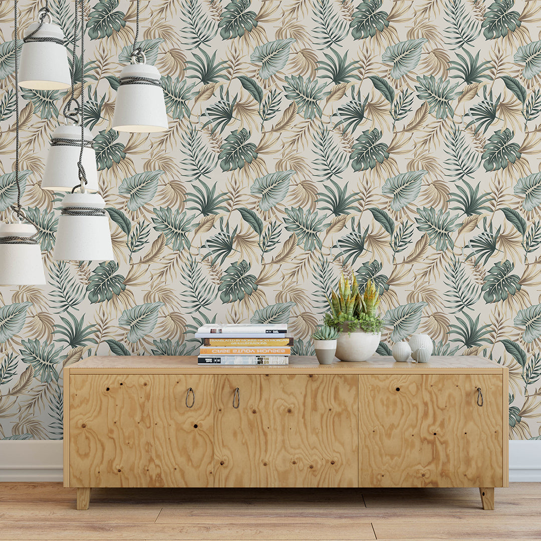 Self Adhesive Green Palm Leaves Tropical Boho Watercolor Removable Wallpaper CC027