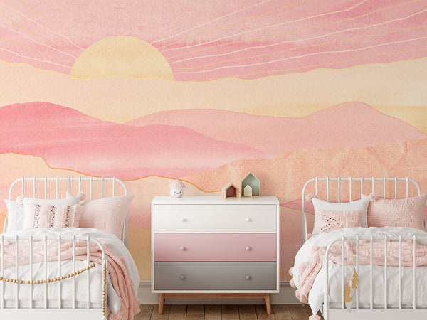 Pink Orange Mountains & Sunset Wall Mural CCM115 - CostaCover - Peel and stick Removable Wallpaper - Abstract - abstract wall art - abstract wallpaper