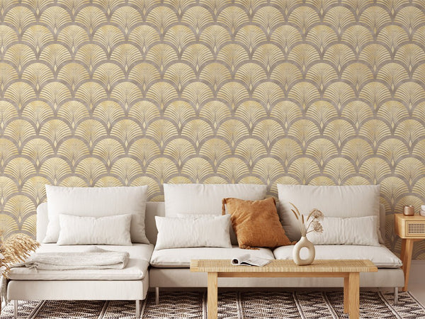 Beige Brown Scallops Wallpaper CC179 - CostaCover - Peel and stick Removable Wallpaper - Abstract Beige Gold Stripes Waves Removable Wallpaper - accent wallpaper - art deco