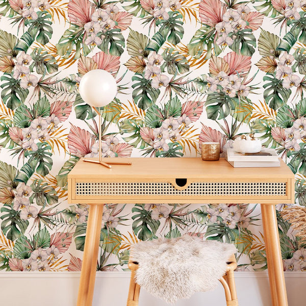 Tropical Pink Orchids Wallpaper CC054 - CostaCover - Peel and stick Removable Wallpaper - accent wallpaper - adhesive wallpaper - bathroom wallpaper