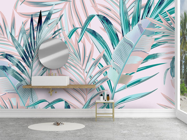Tropical Pink Green Wall Mural CCM012 - CostaCover - Peel and stick Removable Wallpaper - accent wallpaper - adhesive wallpaper - banana leaves