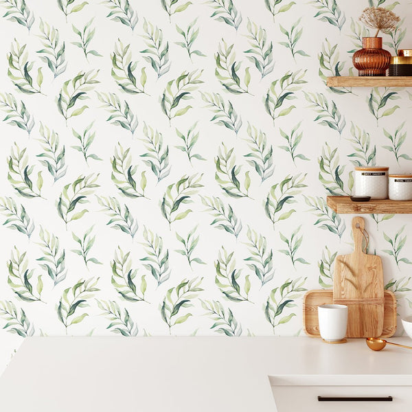 Green Eucalyptus Leaves Wallpaper CC049 - CostaCover - Peel and stick Removable Wallpaper - accent wallpaper - Best Peel And Stick Removeable Wallpaper - best peel and stick wallpaper