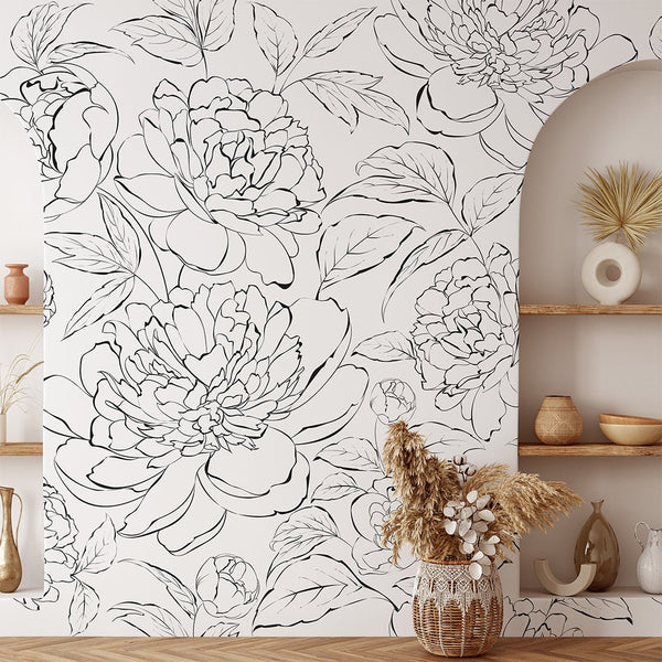 Black & White Line Art Peony Wall Mural CCM077 - CostaCover - Peel and stick Removable Wallpaper - abstract lines - abstract wallpaper - accent wallpaper