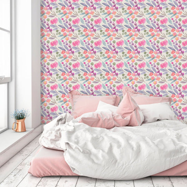 Pink Purple Flowers Wallpaper CC226 - CostaCover - Peel and stick Removable Wallpaper - accent wallpaper - adhesive wallpaper - bathroom wallpaper