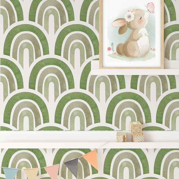Boho Green Waves Wallpaper CC262 - CostaCover - Peel and stick Removable Wallpaper - accent wallpaper - adhesive wallpaper - children wallpaper