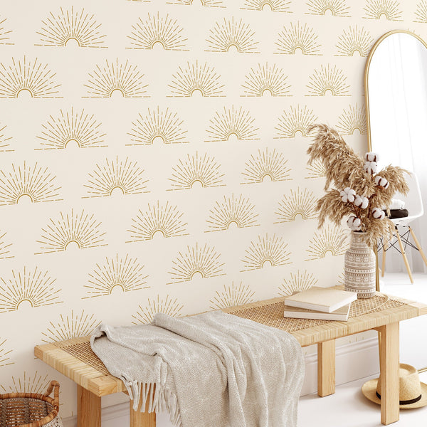 Golden Boho Sun Wallpaper CC272 - CostaCover - Peel and stick Removable Wallpaper - Abstract Beige Gold Stripes Waves Removable Wallpaper near me - Abstract Beige Gold Stripes Waves Removable Wallpaper price - abstract wallpaper