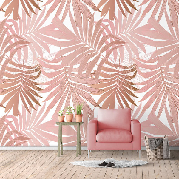 Pink Tropical Leaves Wall Mural CCM119 - CostaCover - Peel and stick Removable Wallpaper - accent wallpaper - adhesive wallpaper - bathroom wallpaper