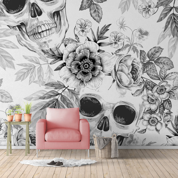 Black & White Skulls Wall Mural CCM065 - CostaCover - Peel and stick Removable Wallpaper - abstract wall art - accent wallpaper - adhesive wallpaper